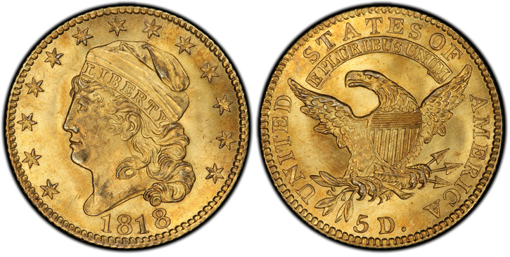 1818 Capped Head Left Half Eagle. BD-2. STATESOF.  MS-66 (PCGS).